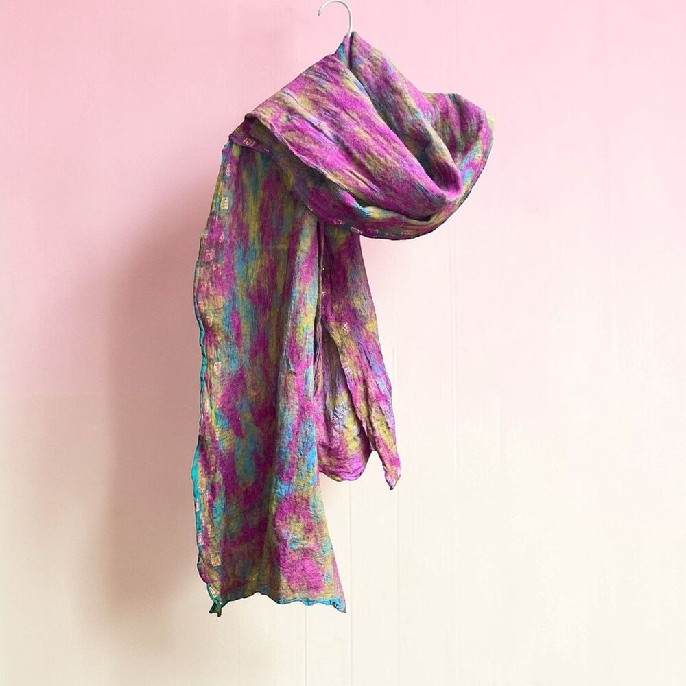 Hand-Felted Lagenlook Wool & Silk Green Multi Color Shawl Scarf Art to Wear